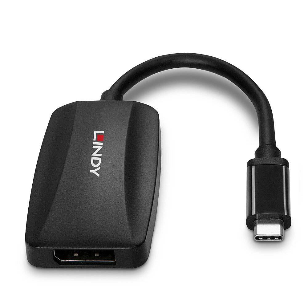 USB-C-zu-HDMI-Adapter von LINDY, ermöglicht die Verbindung von USB-C-Geräten mit HDMI-Displays, schwarz, kompakt und portabel.
