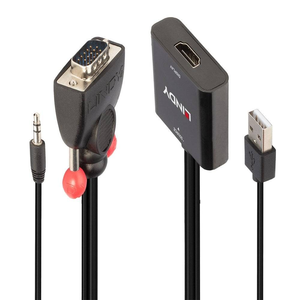 Ein VGA-zu-HDMI-Adapter mit Audiokabel und USB-Stromversorgung. Der Adapter ist schwarz mit Markenlogo. Verwendet für Videoübertragung.