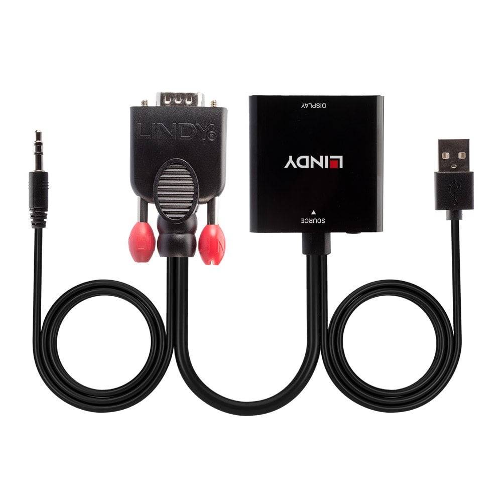 VGA-Audio-auf-DisplayPort-Konverter von Lindy: Gerät mit schwarzem Kabel, VGA-Anschluss, Audioanschluss und USB-Stromversorgung.