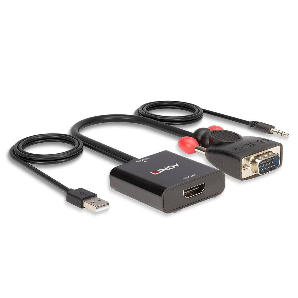 VGA to HDMI Konverter-Set mit USB- und Audio-Kabel; verbindet ältere Geräte mit modernen HDMI-Displays; schwarz und kompakt.