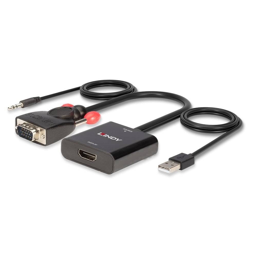 VGA auf HDMI Adapter von Lindy, bestehend aus VGA-Stecker, HDMI-Anschluss, USB-Stecker und 3,5-mm-Audio-Kabel.