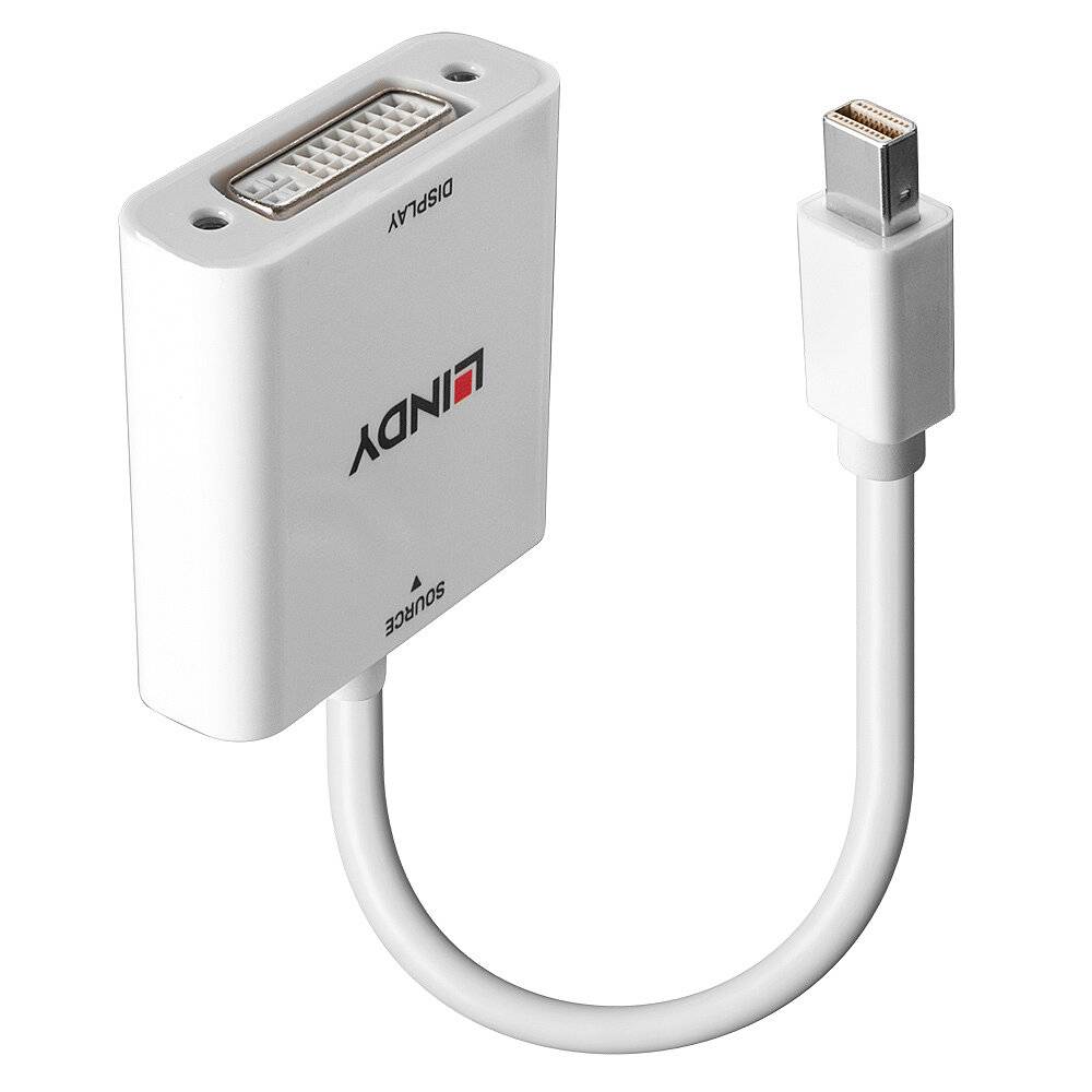 DVI-zu-Mini-DisplayPort-Adapter mit weißem Gehäuse und kurzem Kabel. Adapter zur Verbindung von Monitoren mit Computern.