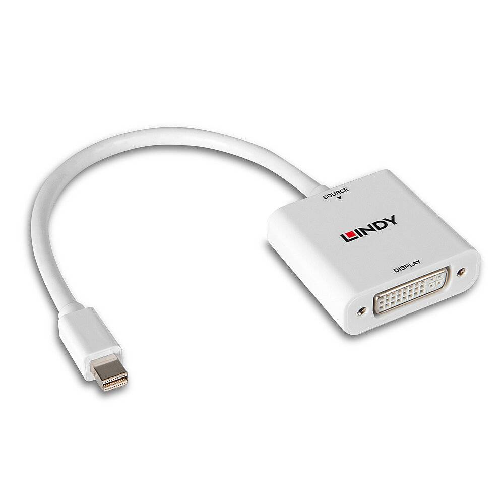'DVI to Mini DisplayPort Adapter' in Weiß mit einem kurzen Kabel, geeignet zum Verbinden von Computern mit Monitoren oder Projektoren.