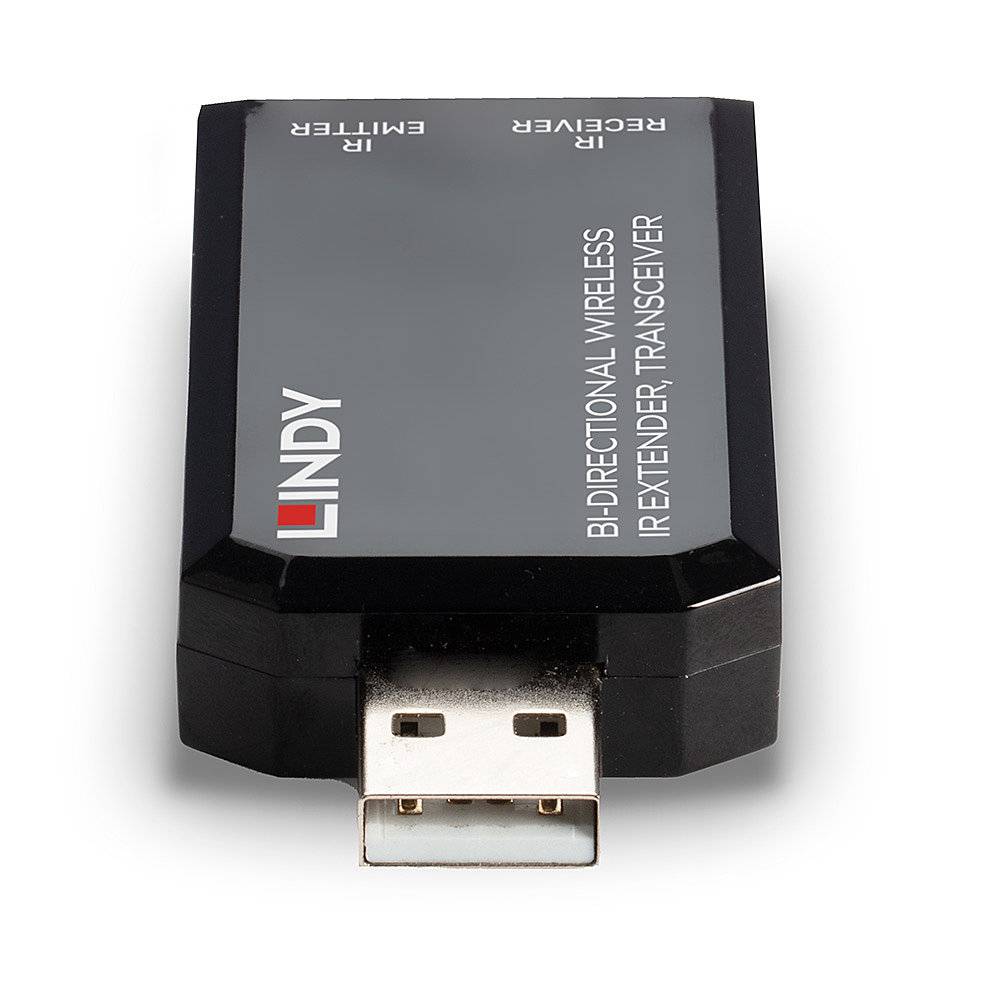 Ein USB-Gerät mit der Aufschrift 'Lindy' und 'Bi-Directional Wireless IR Extender Transceiver'. Es verlängert IR-Signale drahtlos.