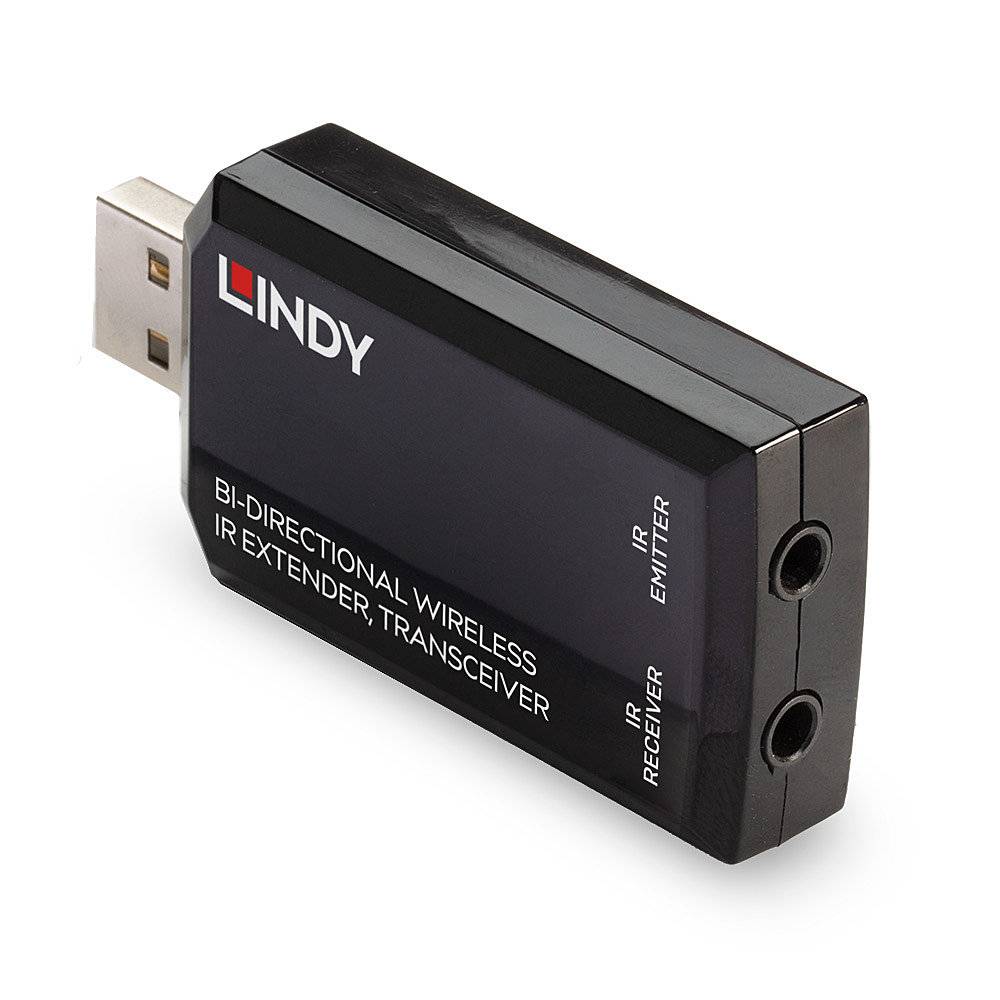 Ein USB-Gerät der Marke Lindy mit der Aufschrift 'Bi-Directional Wireless IR Extender, Transceiver', zeigt Anschlüsse für IR-Sender und -Empfänger.