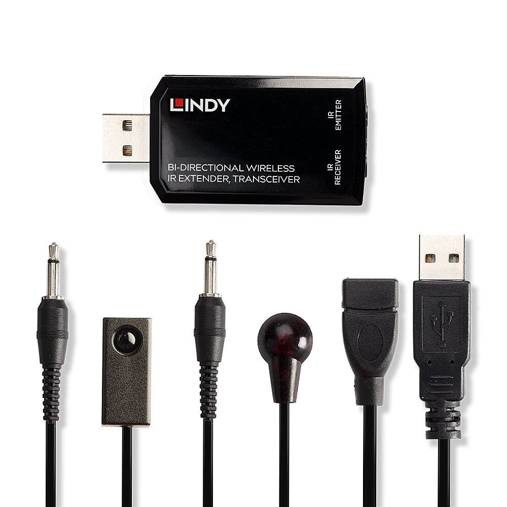 Ein USB-Sender mit mehreren Kabeln und Steckern, darunter zwei Klinkenstecker, ein Sensor, eine Infrarotdiode und ein USB-Kabel.