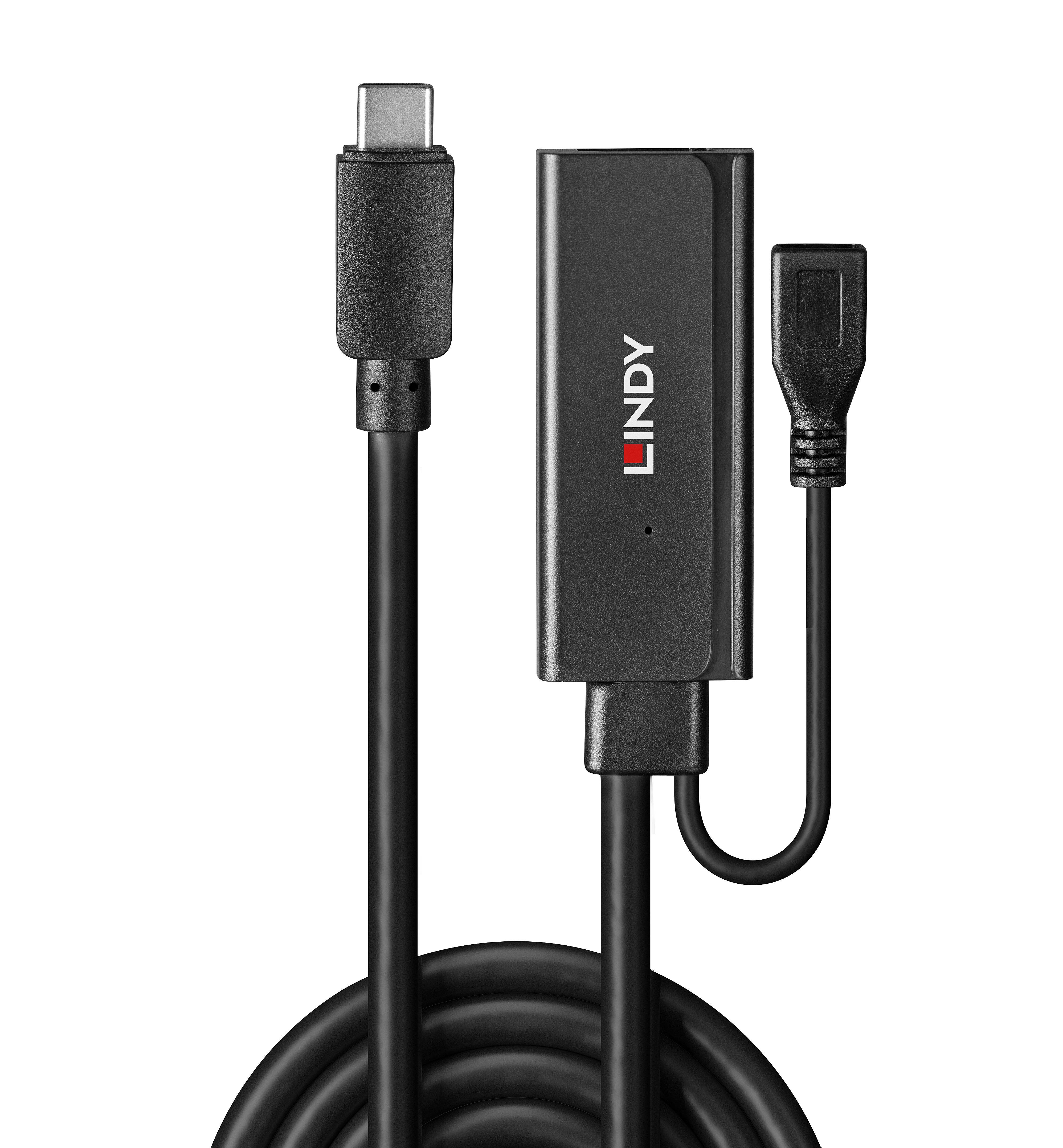 USB-C-zu-HDMI-Kabel von LINDY zeigt zwei Anschlüsse mit dünnem schwarzem Kabel. Geeignet für die Verbindung von Geräten mit HDMI-Anschluss.