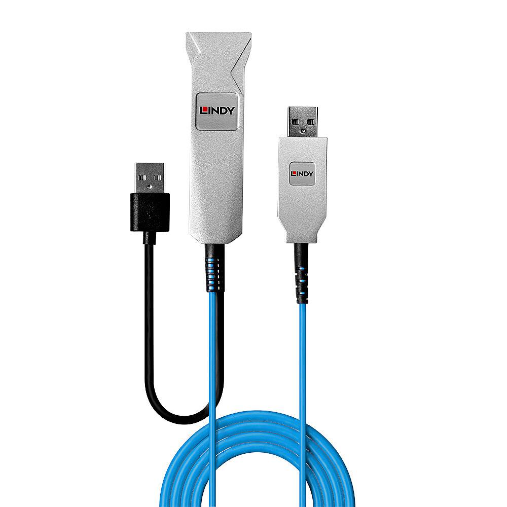 Zwei USB-Sticks, einer schwarz, einer silber mit 'Lindy'-Logo. Beide verbunden durch blaues Kabel. Themenfokus: Datenübertragung.