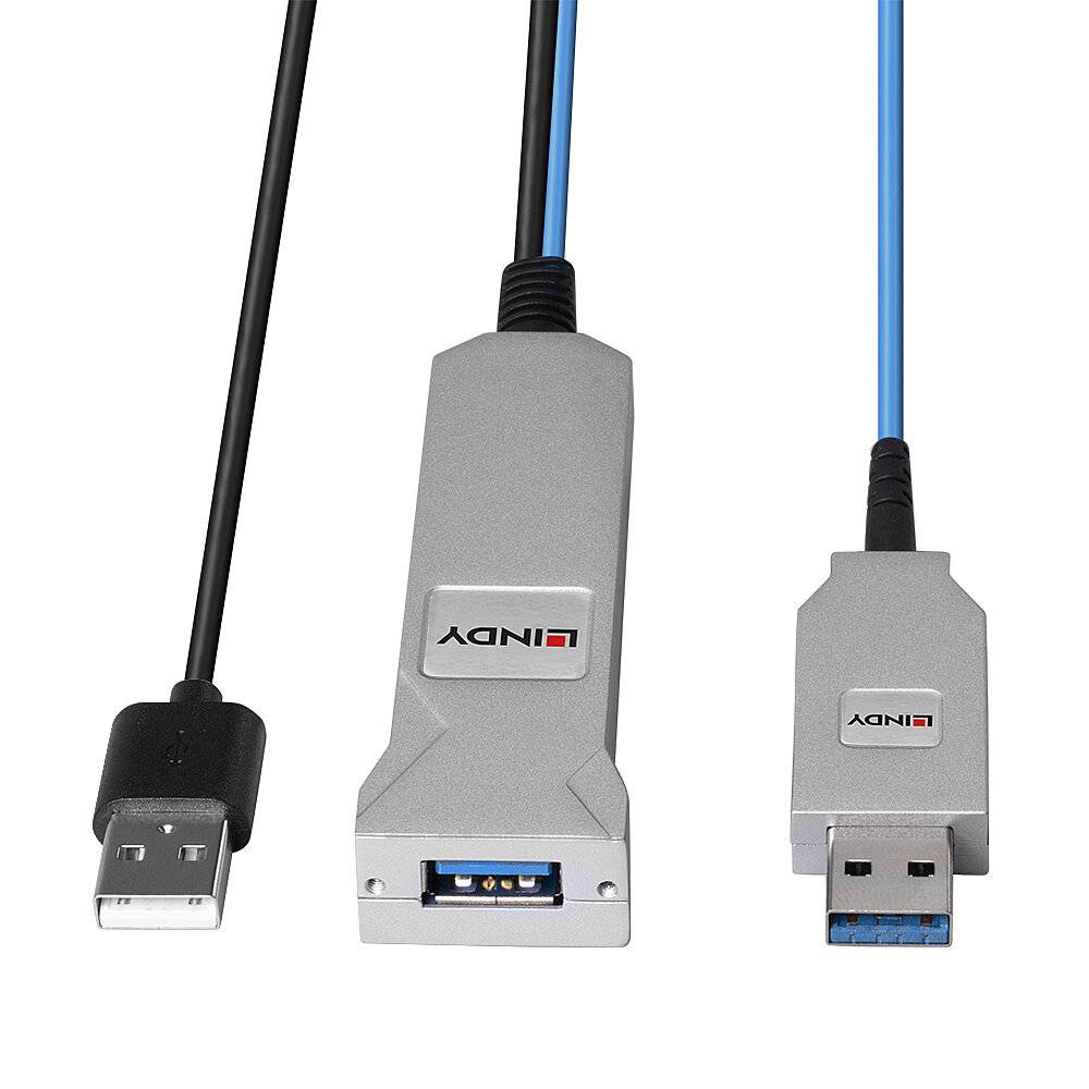 Zwei USB-Verlängerungskabel mit unterschiedlichen Steckern, schwarzem und blauem Kabel. Eines mit Standard-USB, das andere mit USB 3.0.