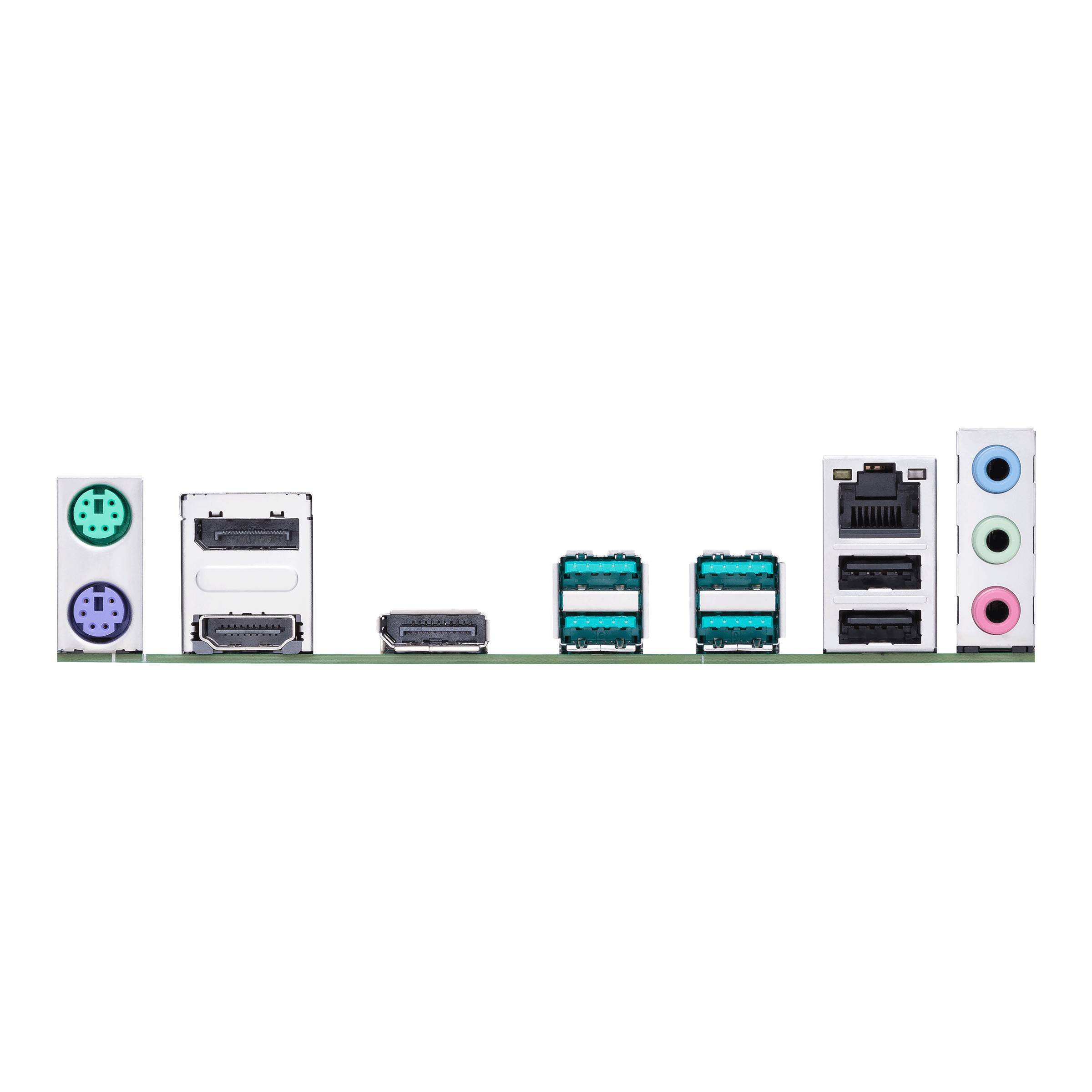 Rückseite eines Computer-Motherboards mit verschiedenen Anschlüssen, darunter PS/2, HDMI, USB, Ethernet und Audio.