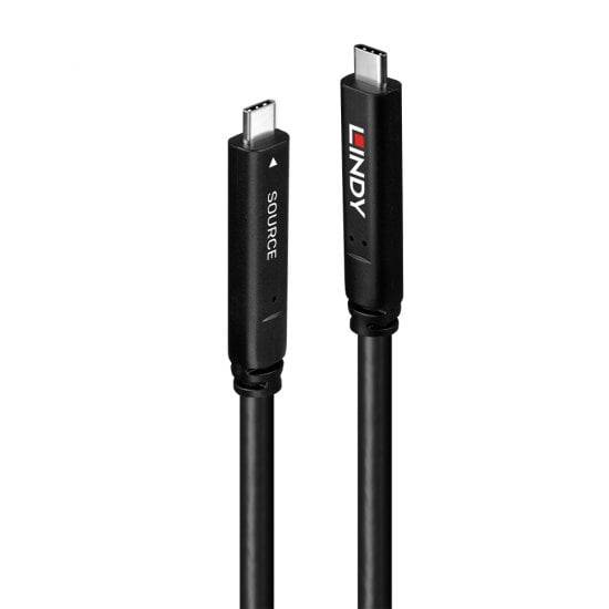 Zwei schwarze USB-C-Kabel, eines mit 'SOURCE'-Aufdruck, das andere mit 'LINDY'. Beide haben metallische USB-C-Anschlüsse.