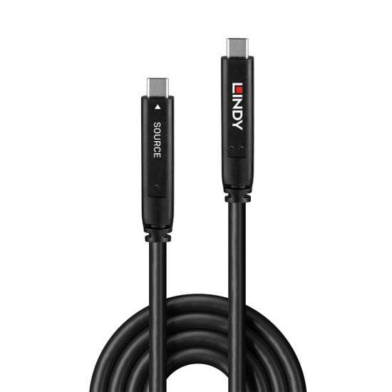 Ein schwarzes Thunderbolt-Kabel mit Steckern an beiden Enden. Eins ist als 'Source' markiert, das andere trägt das 'Lindy'-Logo.