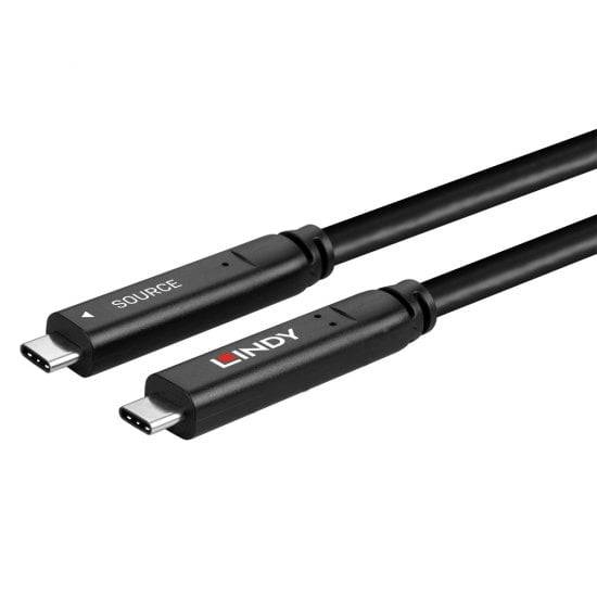 Zwei schwarze USB-C-Kabel mit Aufschrift 'LINDY' und 'SOURCE' auf den Steckern. Geeignet für Datenübertragung und Aufladung.