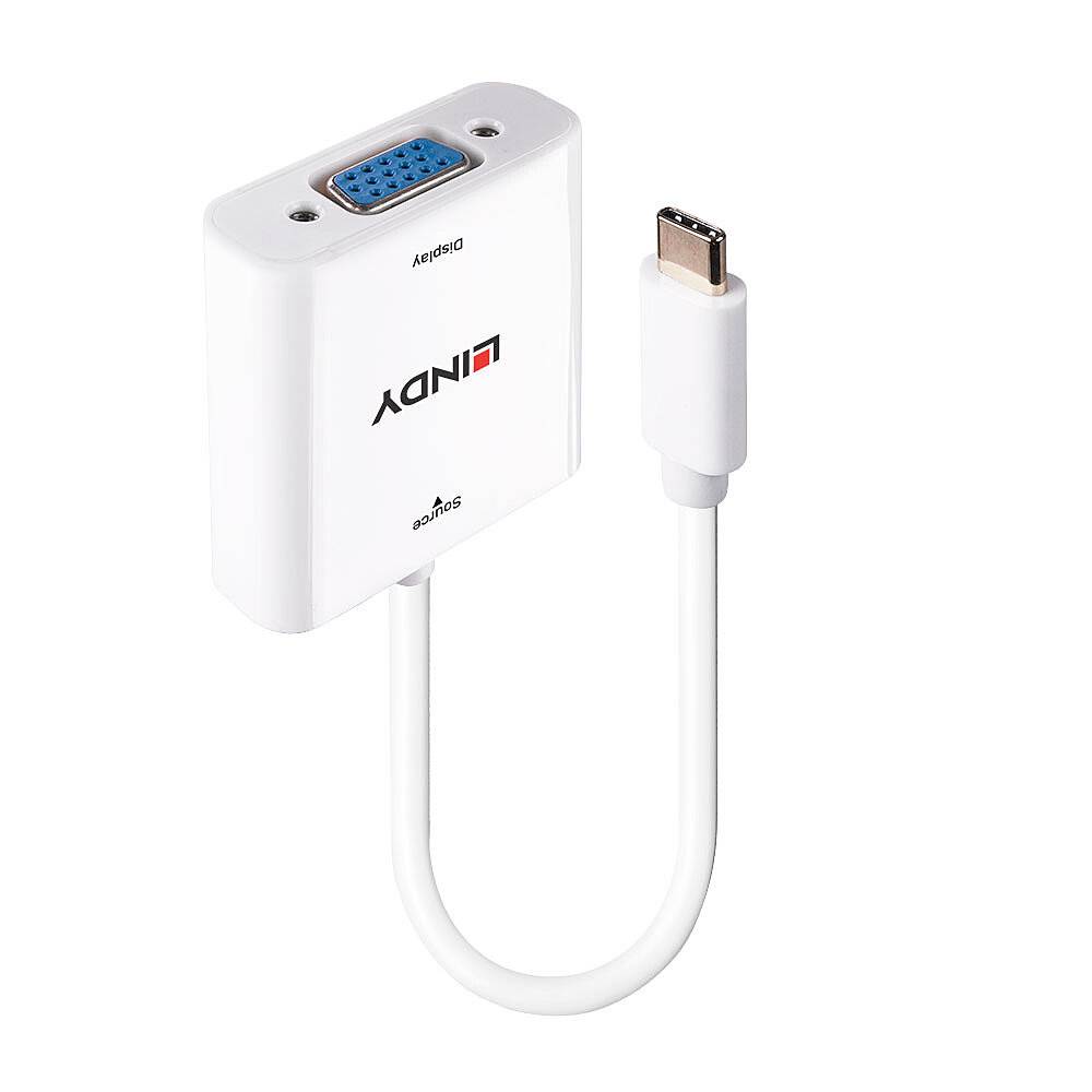 Ein weißer Adapterstecker mit einem VGA-Anschluss und einem USB-C-Kabel, geeignet zum Verbinden von Geräten mit unterschiedlichen Schnittstellen.