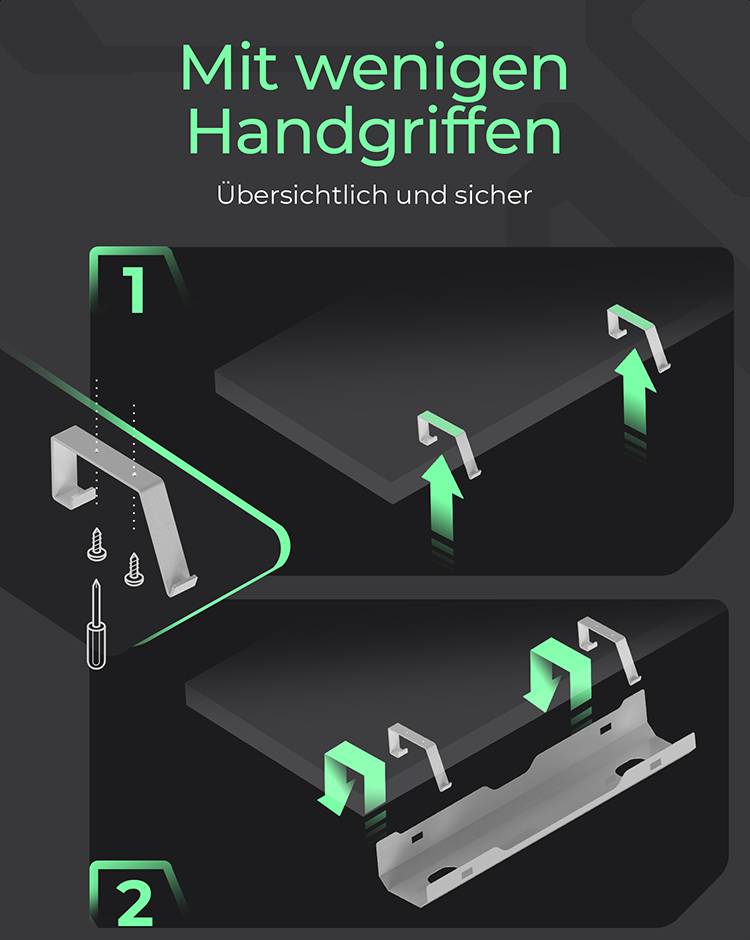 Mit wenigen Handgriffen: Übersichtlich und sicher. Schritt 1 und 2: Montage-Anleitung für Haken an einer Oberfläche.