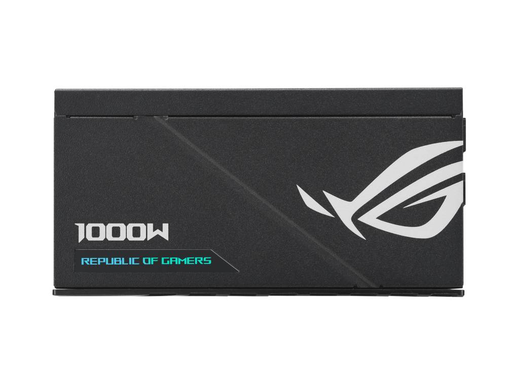 Schwarzes 1000W-PC-Netzteil mit den Aufdrucken '1000W' und 'Republic of Gamers', daneben ein stilisiertes Logo.