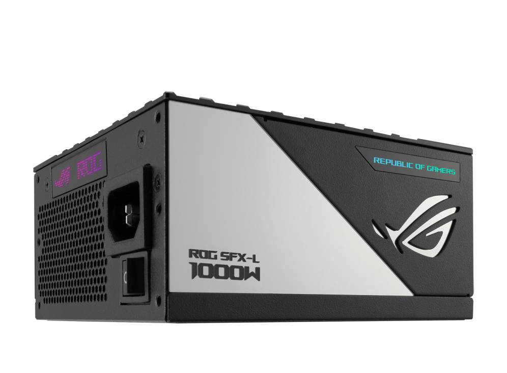 Schwarzes PC-Netzteil mit lila 'ROG'-Logo, 'Republic of Gamers'-Text und silbernem 'ROG SFX-L 1000W'-Schriftzug.