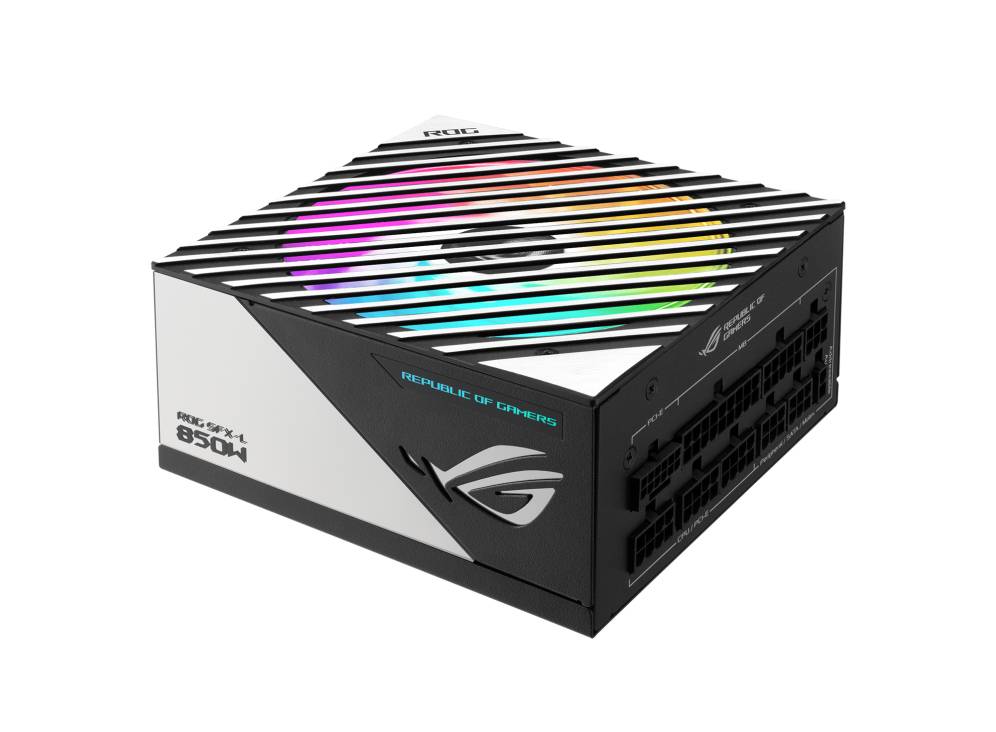 Ein weißes PC-Netzteil mit RGB-Beleuchtung auf der Oberseite, gekennzeichnet mit '850W'. Der Produktname 'ROG STRIX' ist sichtbar.
