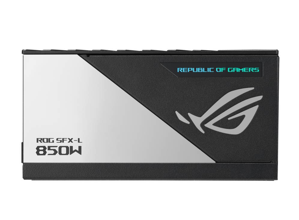 Schwarzes und silbernes PC-Netzteil der Marke ROG mit 850W Leistung. Text auf dem Gerät: 'ROG SFX-L 850W' und 'REPUBLIC OF GAMERS'.