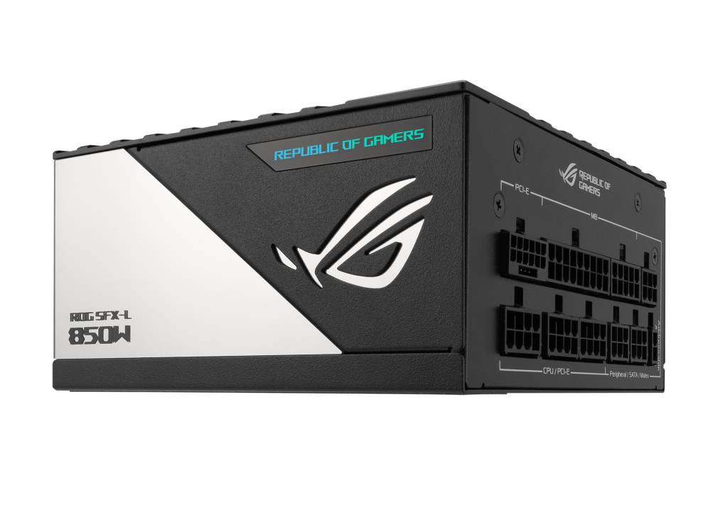 Schwarzes PC-Netzteil mit dem Logo 'Republic of Gamers' auf der Seite, Modell 'ROG-SFX-L 850W', mehrere Kabelanschlüsse sichtbar.