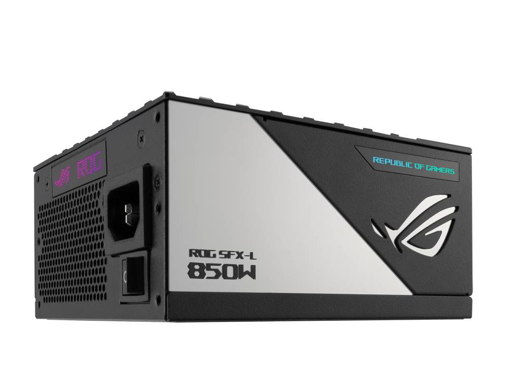 Schwarzes Netzteil mit silbernen Akzenten, Beschriftung 'ROG SFX-L 850W', 'Republic of Gamers' und Logo auf der Seite.