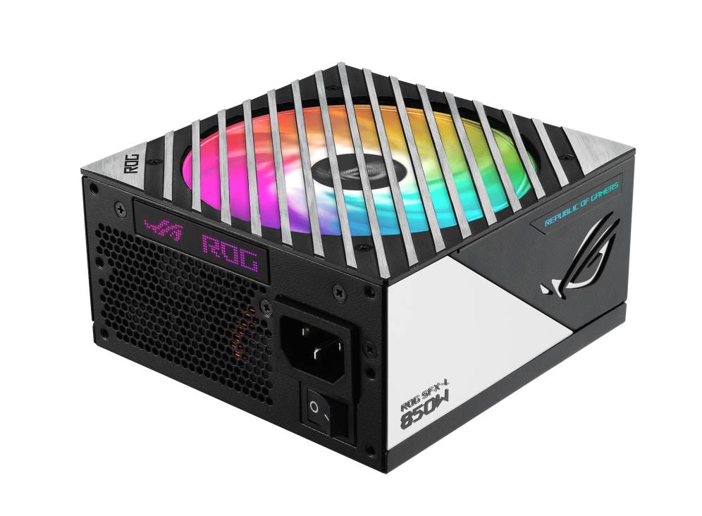 Ein Computer-Netzteil der Marke ROG mit RGB-Beleuchtung und Lüfter. Es hat eine Leistung von 850 Watt und ein modernes Design.