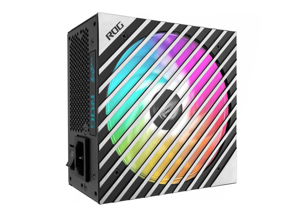 Computernetzteil mit farbigem LED-Lüfter und metallischem Gehäuse. Markenzeichen 'ROG' sichtbar.