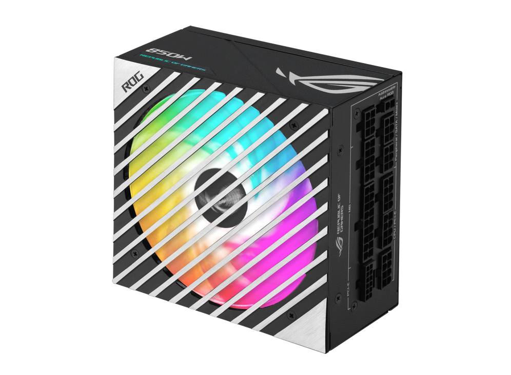 Stromversorgungseinheit mit RGB-beleuchtetem Lüfter und mehreren Anschlussmöglichkeiten, Markenlogo auf der Oberseite.