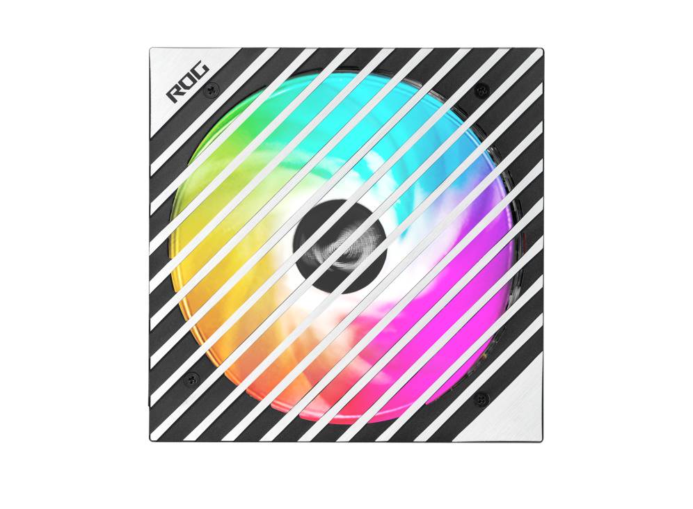 Ein Computerlüfter mit LED-Beleuchtung zeigt ein sich drehendes Spektrum aus Regenbogenfarben. diagonale Streifen über der Abdeckung.