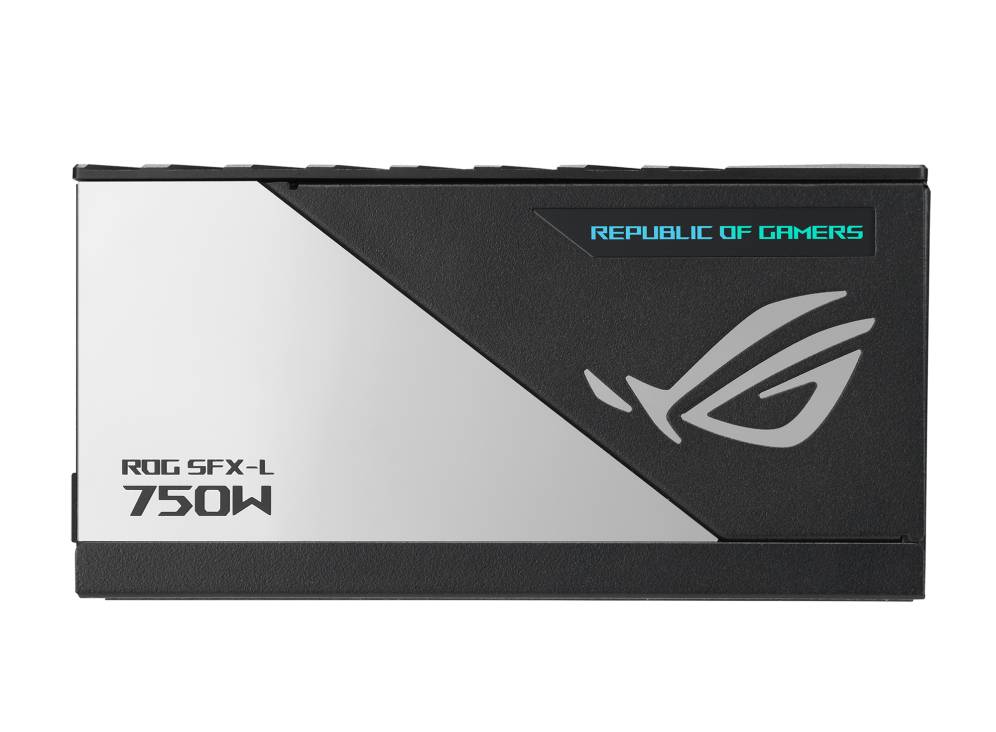 Schwarzes und silbernes Computer-Netzteil mit dem Text 'ROG SFX-L 750W' und 'REPUBLIC OF GAMERS' sowie dem ROG-Logo.