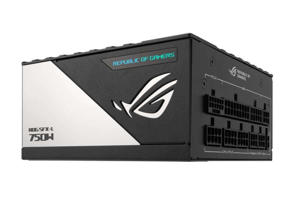 Schwarzes Netzteil der Marke 'ROG SFX-L 750W' mit dem Logo und Schriftzug 'Republic of Gamers', mehrere Anschlussmöglichkeiten sichtbar.