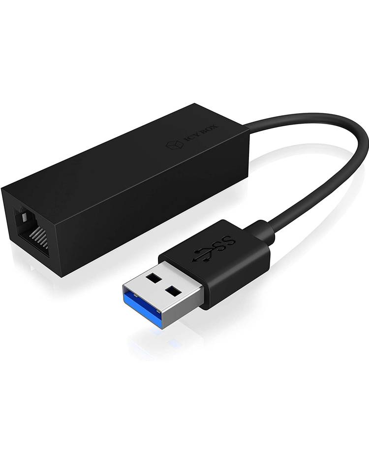Ein schwarzer USB-zu-Ethernet-Adapter mit USB 3.0-Stecker auf der einen Seite und Ethernet-Anschluss auf der anderen, ideal für Netzwerkkonnektivität.