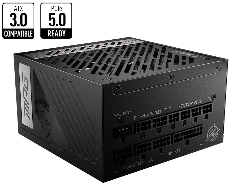 Schwarzes PC-Netzteil mit Lüftungsschlitzen oben. Links oben Symbole: 'ATX 3.0 compatible' und 'PCIe 5.0 ready'.