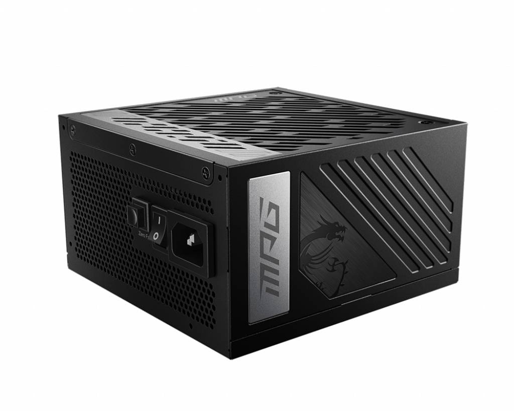 Schwarzes Computer-Netzteil mit Lüftungsschlitzen und Logo auf der Seite, geeignet für Gaming-PCs, mit Schalter und Stromanschluss hinten.