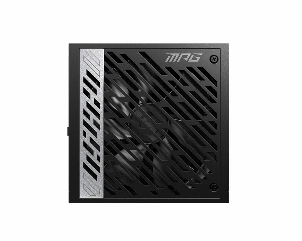 Schwarzes MPG-Netzteil mit silbernen Akzenten und Lüftergitter; sichtbar von oben, geeignet für Computergehäuse.