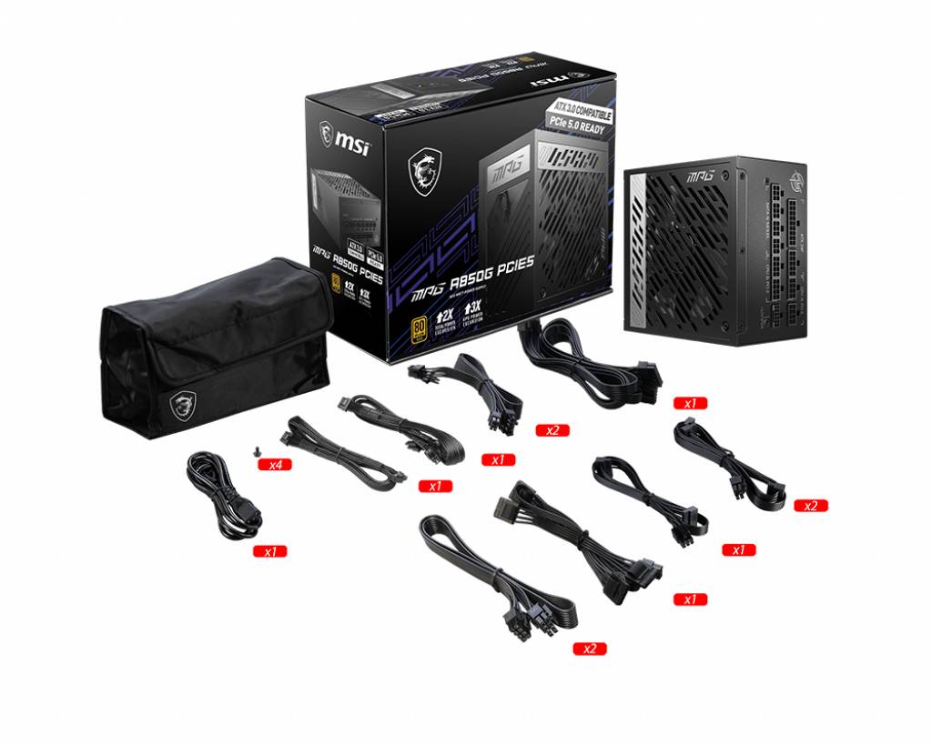 Netzteil-Kit von MSI mit Netzteil, einem Transportbeutel und mehreren Kabeln zur Verbindung der PC-Komponenten.