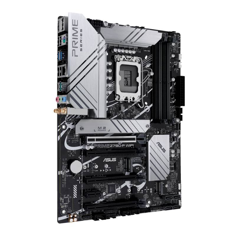 Mainboard ASUS Prime Z590-P WI-FI mit Intel-Sockel, PCIe-Steckplätzen, USB-Anschlüssen und Kühlsystem. Silberne und schwarze Komponenten.