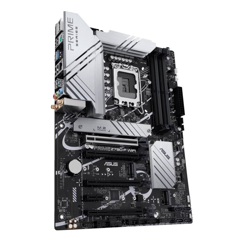 Mainboard ASUS Prime Z790-P WIFI, silbernes Design, LGA1700-Sockel, PCIe-Steckplätze, RAM-Slots, geeignet für Intel-Prozessoren.