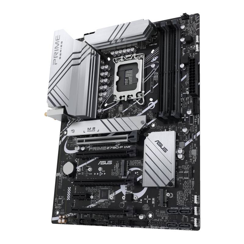 Motherboard mit schwarzem PCB, silbernen Kühlkörpern, mehreren RAM-Slots, CPU-Sockel und verschiedenen Anschlüssen für erweiterte Funktionalität.
