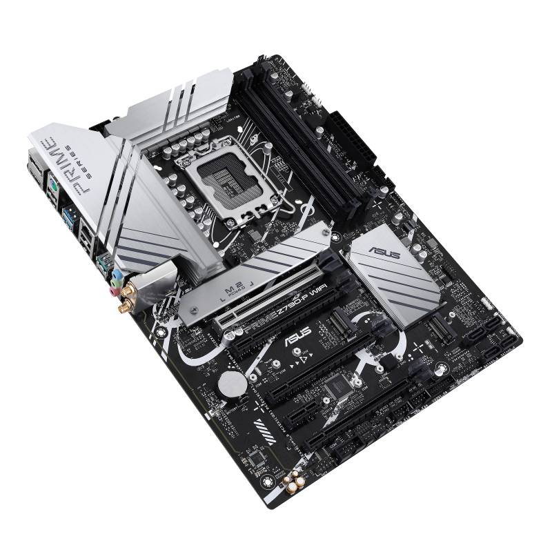 Ansicht eines Computer-Mainboards mit mehreren Steckplätzen und Anschlüssen. Enthält einen CPU-Sockel, RAM-Steckplätze und diverse Anschlüsse.