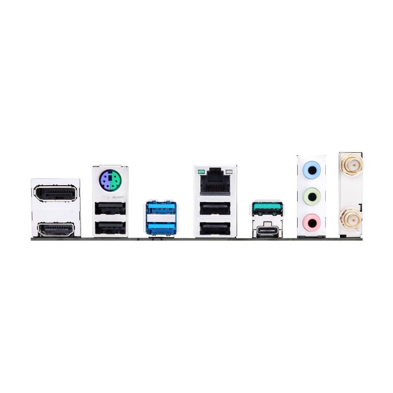 Rückseite eines Motherboards mit verschiedenen Anschlüssen: HDMI, PS/2, USB, Netzwerk, Audio und Antenne.