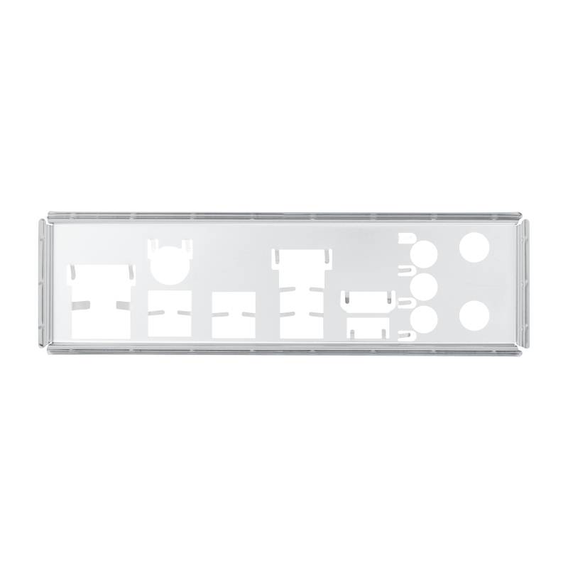 Metallplatte mit mehreren ausgeschnittenen Öffnungen unterschiedlicher Form und Größe, vermutlich für Anschluss-Panels in Computern.