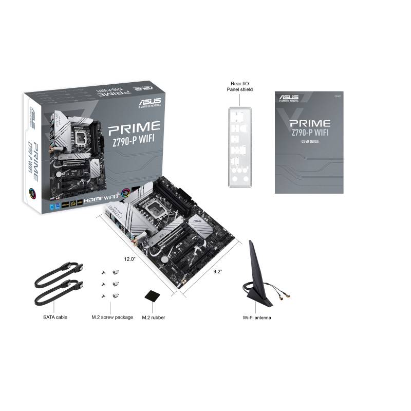 Eine Asus PRIME Z790-P WIFI Mainboard-Verpackung, mit Mainboard, Anleitung, Rückseite, zwei SATA-Kabeln und WiFi-Antenne.