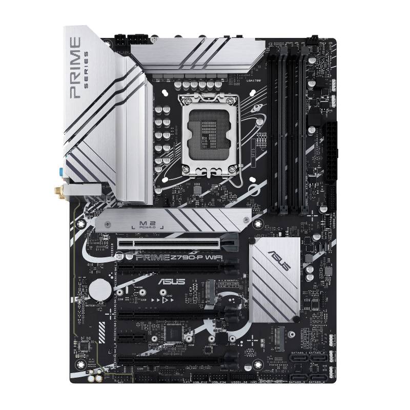 Eine Hauptplatine mit verschiedenen Steckplätzen und Anschlüssen. Silberne Kühlkörper, schwarzes PCB-Design, Marke 'ASUS Prime'.