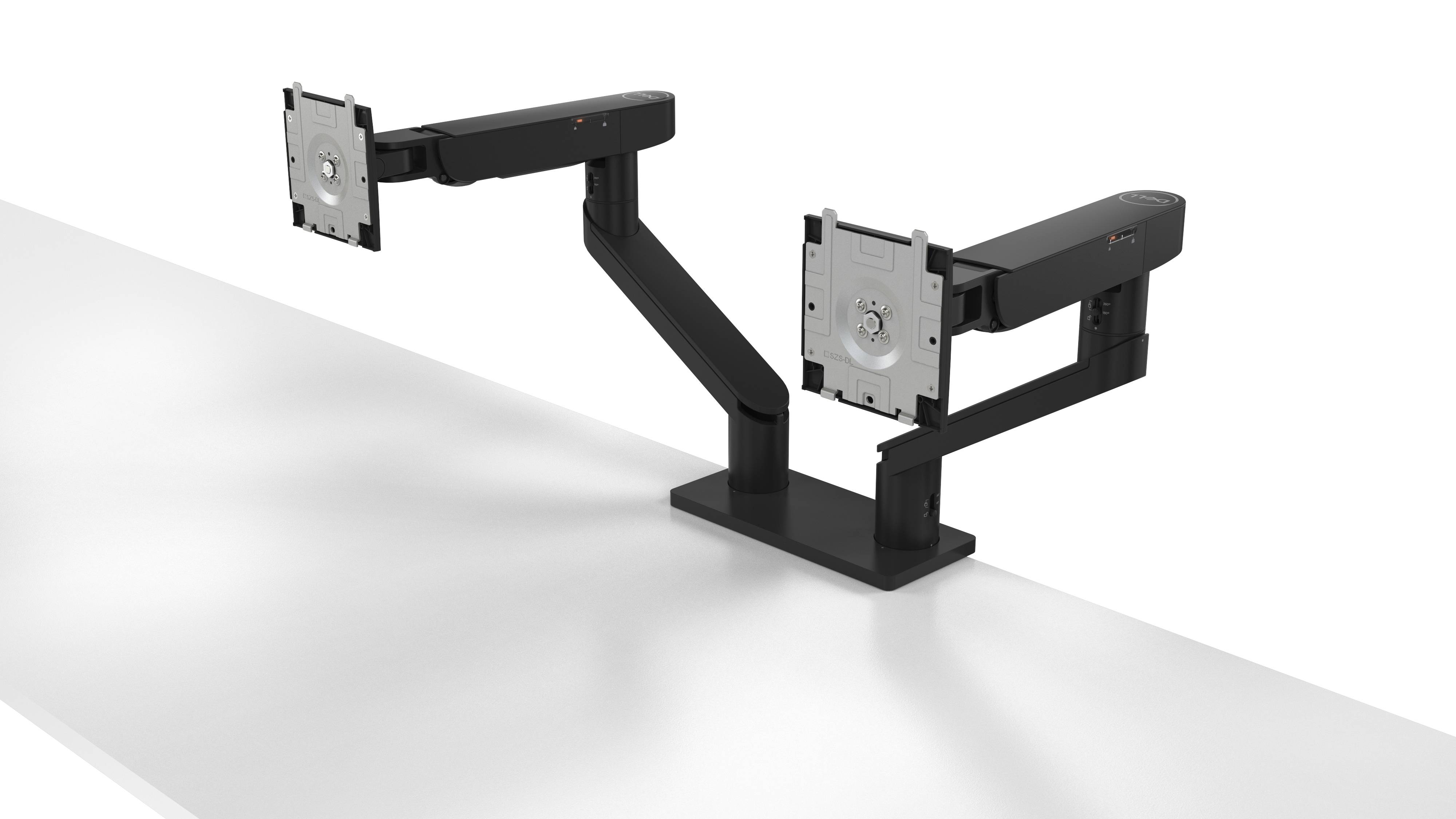 Doppelter Monitorarm, befestigt an einem Schreibtisch, mit zwei verstellbaren Halterungen zur Aufnahme von Flachbildschirmen.