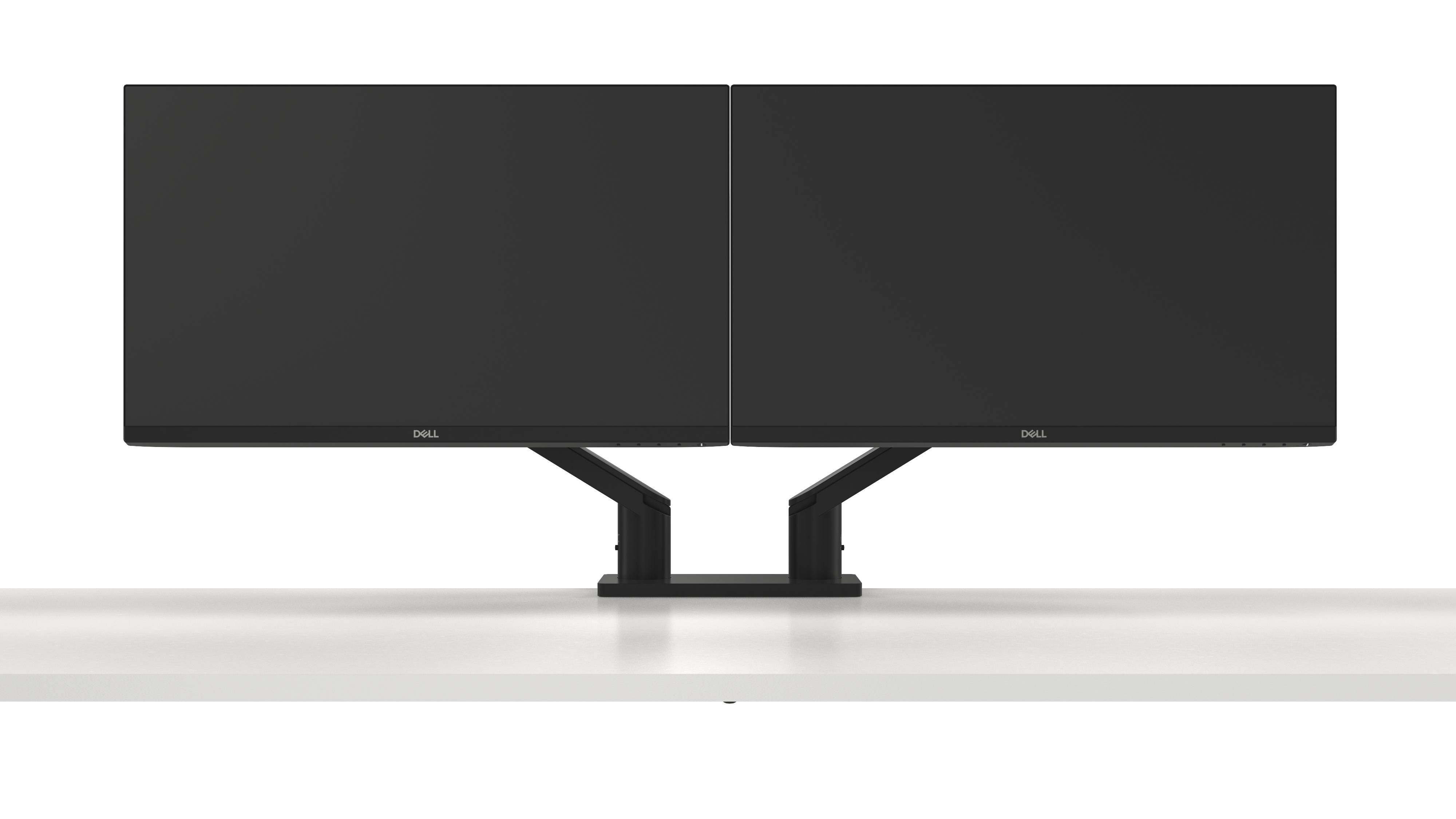 Zwei nebeneinanderstehende schwarze Dell-Monitore auf einem weißen Tisch, montiert auf einem doppelten Monitorarm.