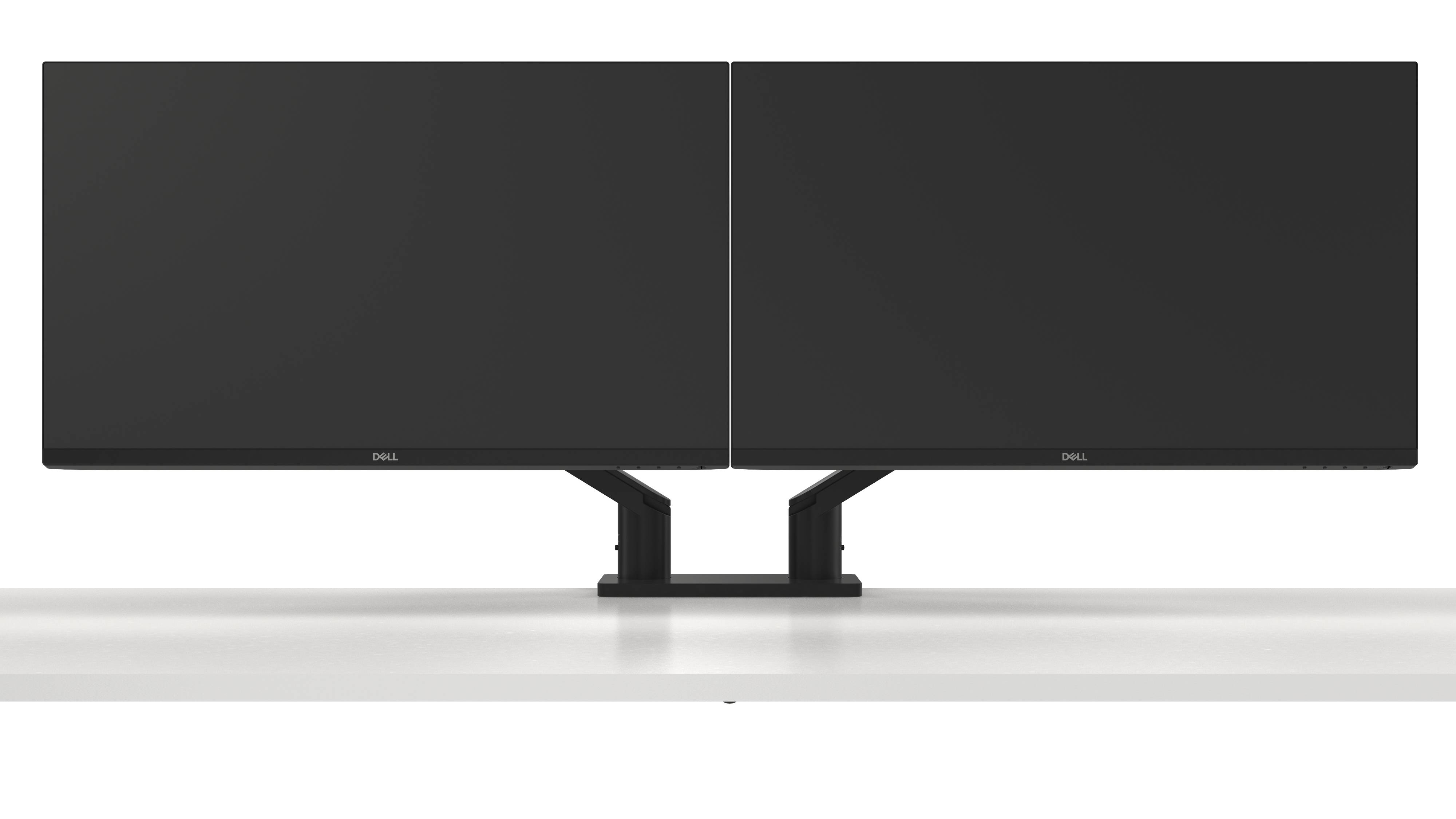 Zwei identische, schwarze Computerbildschirme nebeneinander auf einem weißen Tisch montiert.