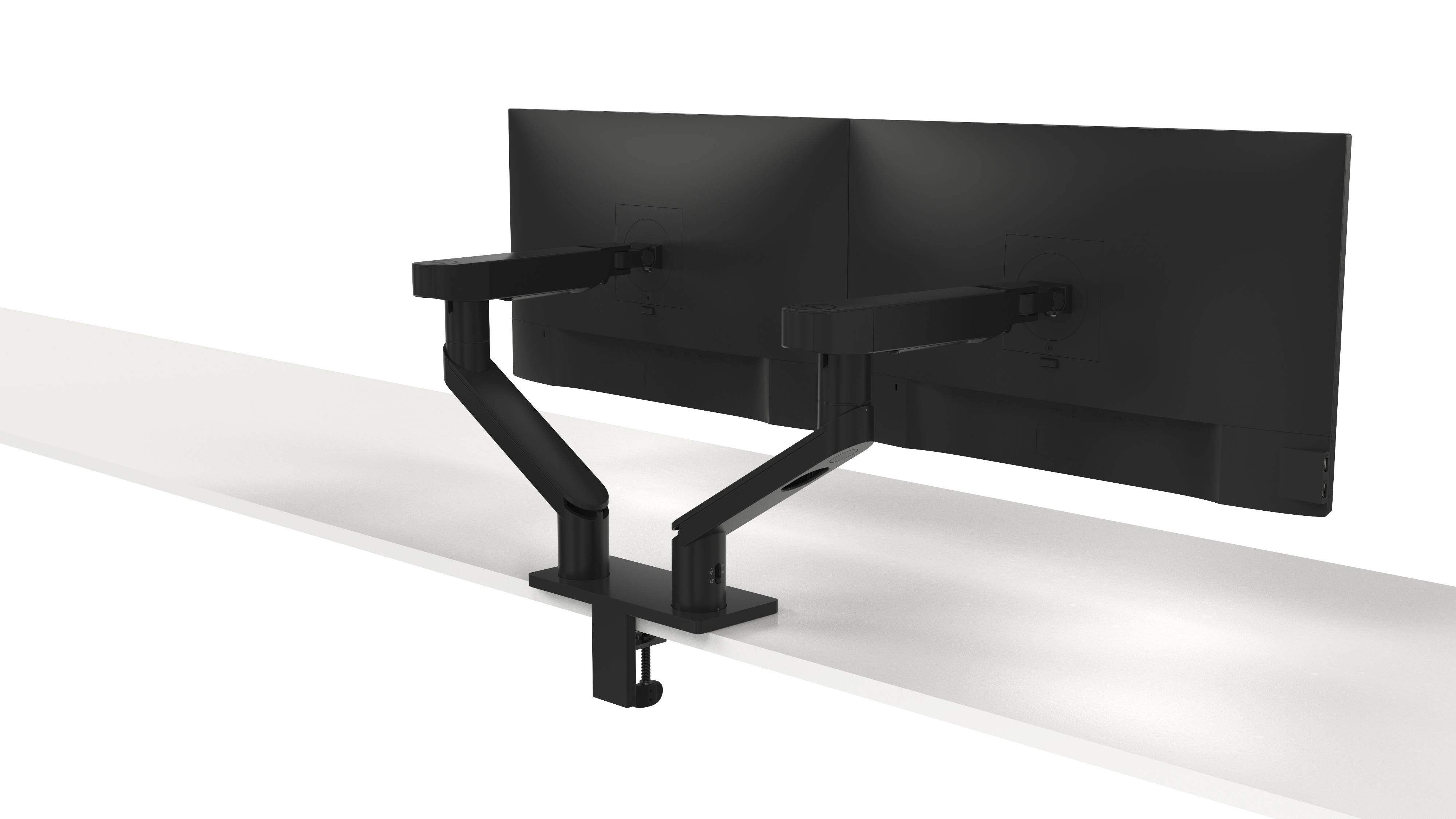 Dual-Monitorhalterung, die auf einem Tisch montiert ist und zwei Bildschirme hält. Sie ermöglicht flexible Positionierung der Monitore.