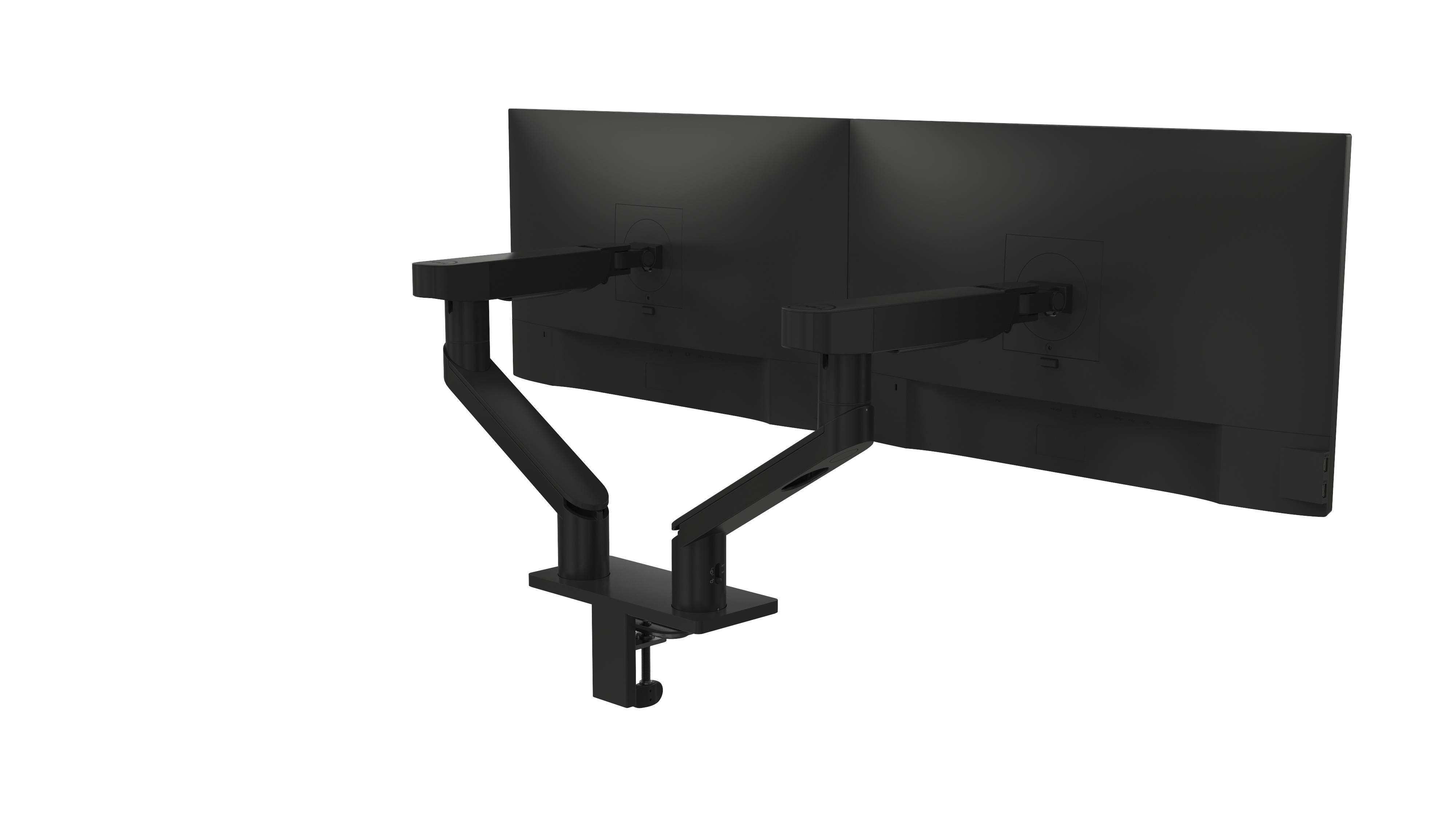 Ein dualer Monitorarm mit schwarzen Halterungen, die zwei Bildschirme tragen. Er ist an einem Schreibtischrand befestigt.