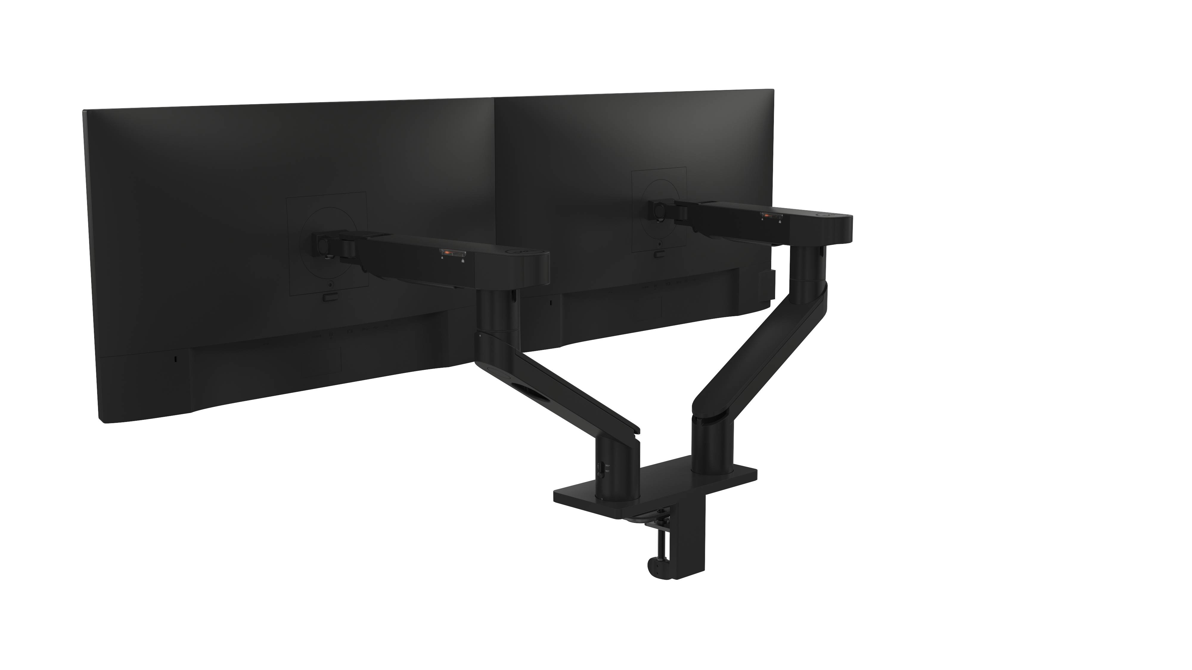 Zwei Monitore auf einem dualen verstellbaren Monitorarm, montiert an einem Tisch, ermöglicht flexible Anordnung und Ergonomie.